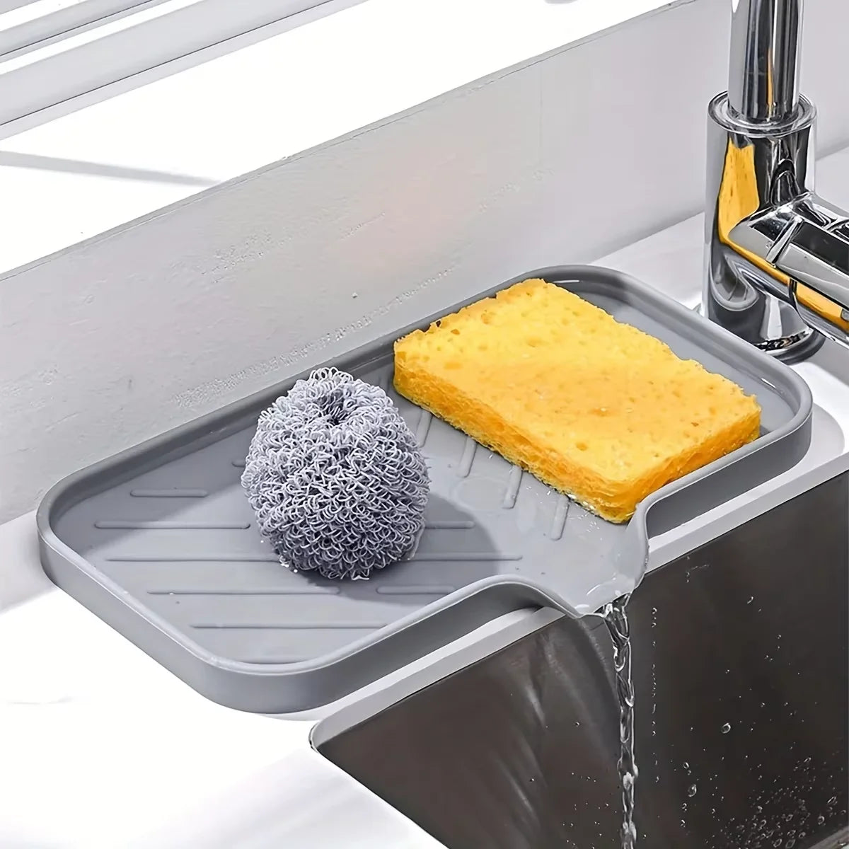 Silicone Sink Tray with Drain – Soap & Sponge Countertop Organizer