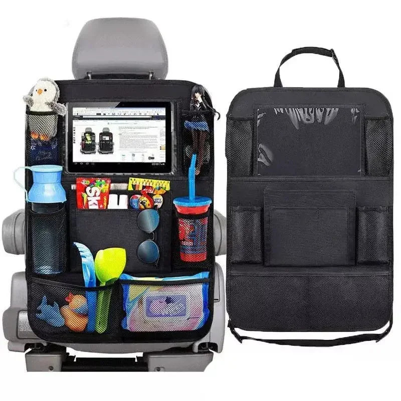 Car seat organizer with multiple pockets and a tablet stand, next to a black backpack.