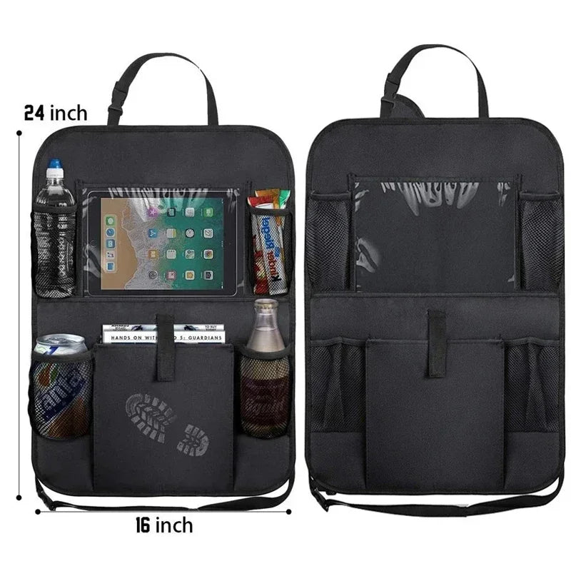 Black car seat organizer with multiple pockets and a tablet holder, shown from two angles with measurements.