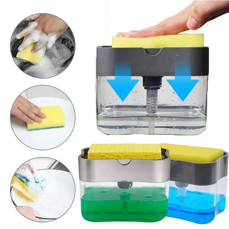 Press Soap Dispenser with Sponge Holder – Kitchen & Bathroom Liquid Detergent Dispenser