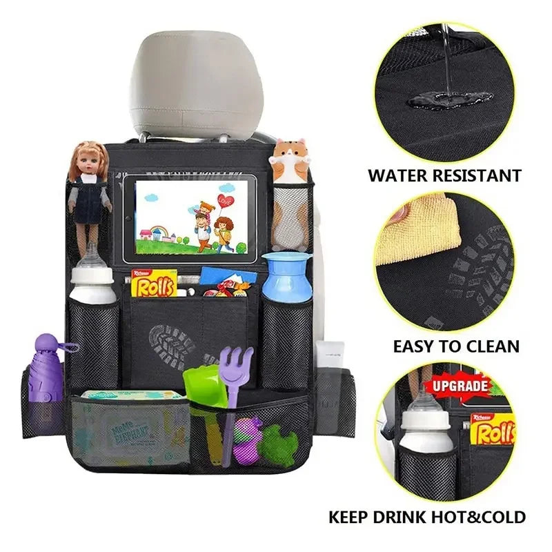 Car seat organizer with multiple compartments and features highlighted on a white background