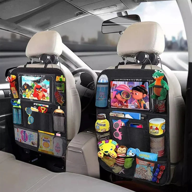 Car backseat organizer with multiple pockets and toys, mounted on car seats.