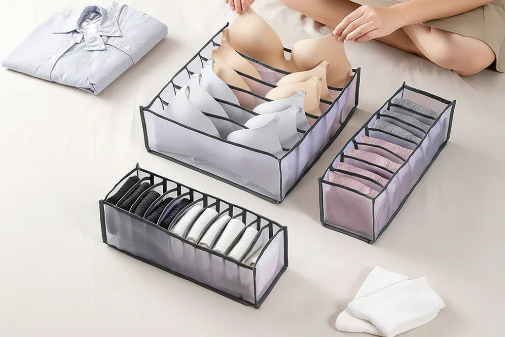 Underwear & Socks Drawer Organizer – Washable Mesh Storage Box with Compartments