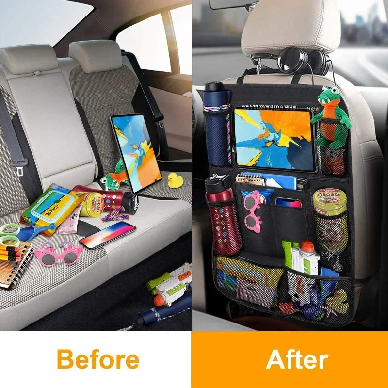 Before and after comparison of a car seat with clutter and an organized car seat with storage pockets.