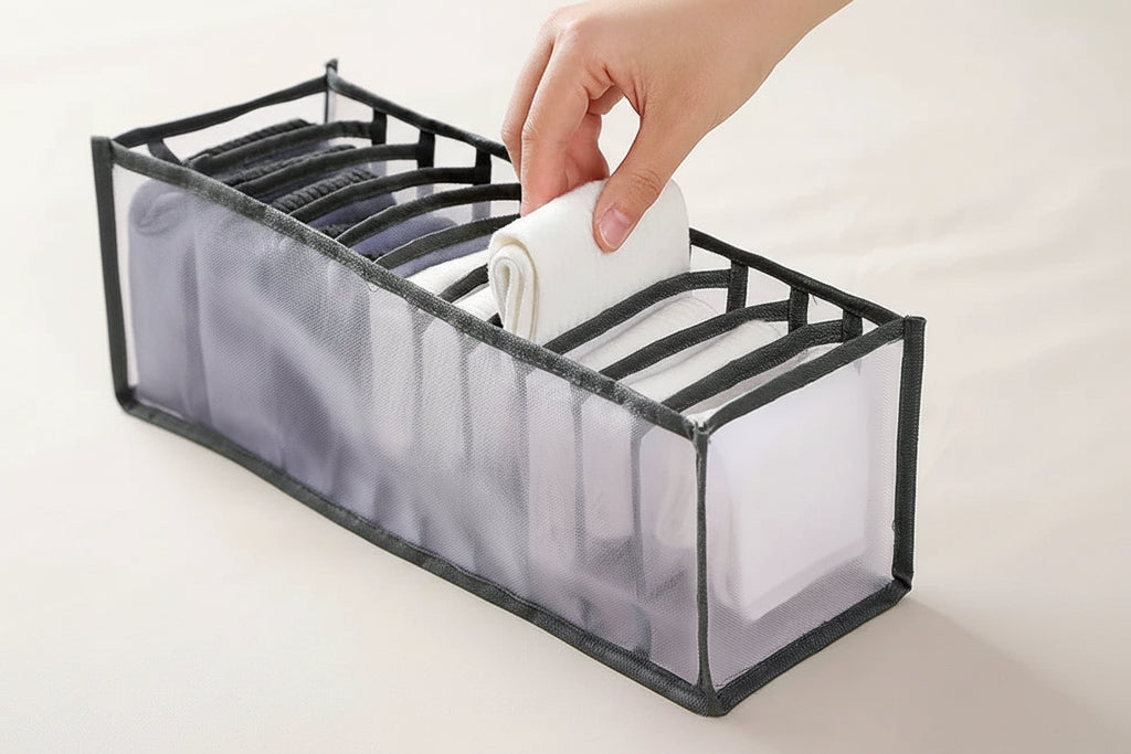 Underwear & Socks Drawer Organizer – Washable Mesh Storage Box with Compartments