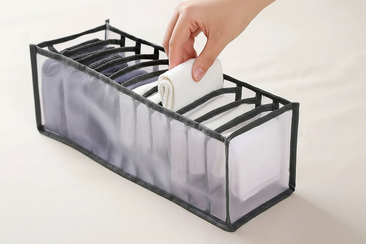 Underwear & Socks Drawer Organizer – Washable Mesh Storage Box with Compartments